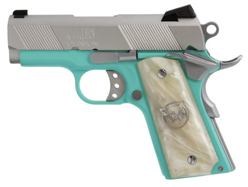Iver Johnson Arms THRASHERTB9 1911 Thrasher Officer 70 Series 9mm Luger 3.13" 8+1 Tiffany Blue Cerakote Silver Cerakote White Synthetic Pearl Grip