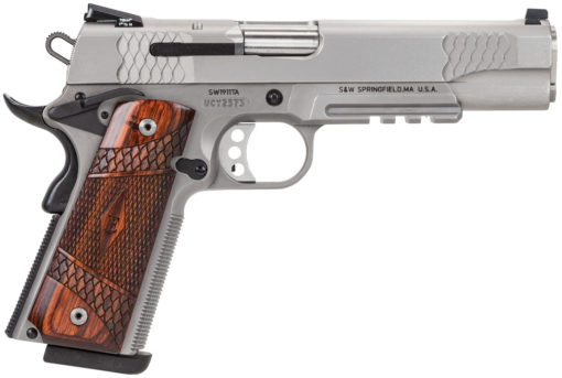 Smith & Wesson 108411 1911 E-Series with Rail 45 ACP 5" 8+1 Matte Silver Satin Stainless Steel Slide Laminate Wood Grip
