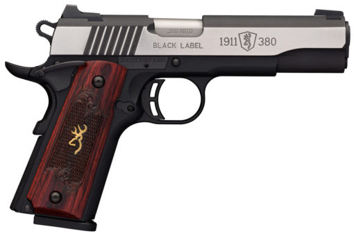 Browning 051912492 1911-380 Black Label Medallion Pro 380 ACP 4.25" 8+1 Black Blackened Stainless Steel Slide Rosewood with Integrated Gold Buck Mark Inlay Grip 3-Dot Sights