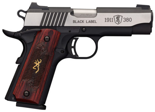 Browning 051913492 1911-380 Black Label Medallion Pro Compact 380 ACP 3.63" 8+1 Black Blackened Stainless Steel Slide Rosewood with Integrated Gold Buck Mark Inlay Grip 3-Dot Sights