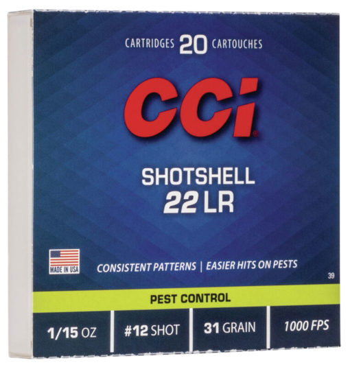 CCI 0039 Pest Control Shotshell 22 LR 31 gr #12 Shot 20 Bx/ 100 Cs