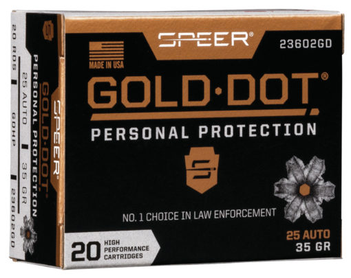 Speer Ammo 23602GD Gold Dot Personal Protection 25 ACP 35 gr Hollow Point (HP) 20 Bx/ 10 Cs