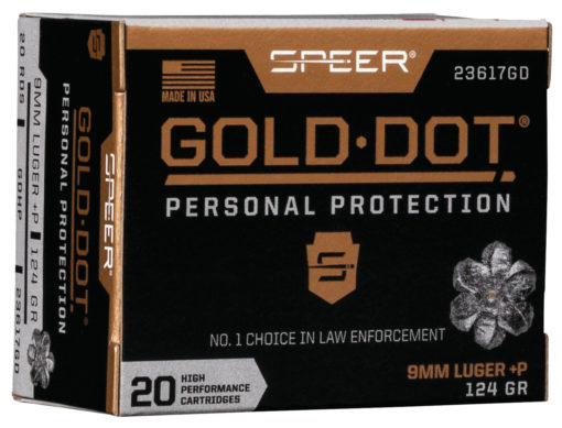 Speer Ammo 23617GD Gold Dot Personal Protection 9mm Luger +P 124 gr Hollow Point (HP) 20 Bx/ 10 Cs