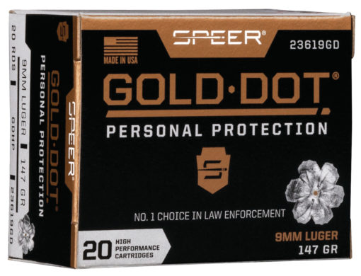 Speer Ammo 23619GD Gold Dot Personal Protection 9mm Luger 147 gr Hollow Point (HP) 20 Bx/ 10 Cs