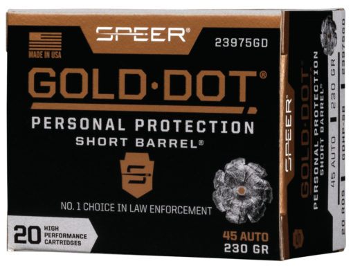 Speer Ammo 23975GD Gold Dot Personal Protection 45 ACP 230 gr Hollow Point (HP) 20 Bx/ 10 Cs