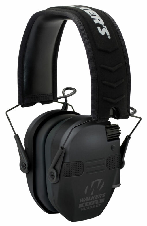 Walker's GWPRSEQMBT Razor Slim Electronic Muff with Quad Microphones & Bluetooth Polymer 23 dB Over the Head Black Ear Cups with Black Headband & White Logo Adult