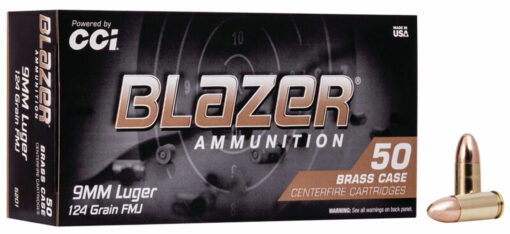 CCI 5201 Blazer Brass Handgun 9mm Luger 124 gr Full Metal Jacket 50 Per Box 20 Cs
